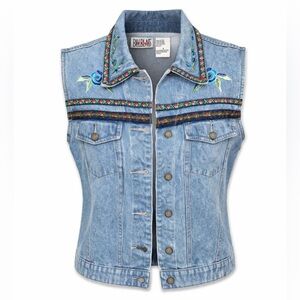 Vintage Bill Blass Denim Vest Embroidered Boho Western Floral 90s- Medium‎